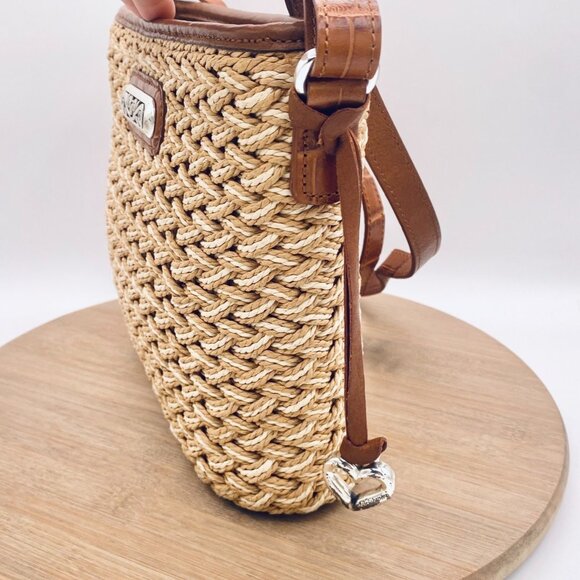 Brighton Crossbody Purse Womens M Tan Straw Leather Woven Messenger Boho - Picture 2 of 13